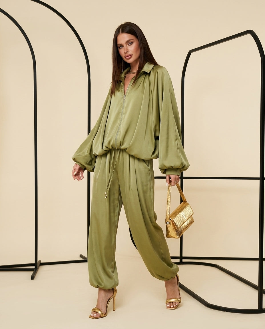 Olive Green Bloom Summer Satin Jumpsuit Olive Green Jumpsuit with Relaxed Fit silhouette and Satin texture, front view product image for City Evening, Weekend in The Hamptons, US East / Hamptons Elite