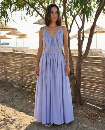 Lavender Velvet Resort Tiered Maxi Dress Lavender Maxi Dress with Relaxed Fit silhouette and Textured texture, front view product image for Resort Wear, Coffee in Marais, Euro Chic Premium by floravincie