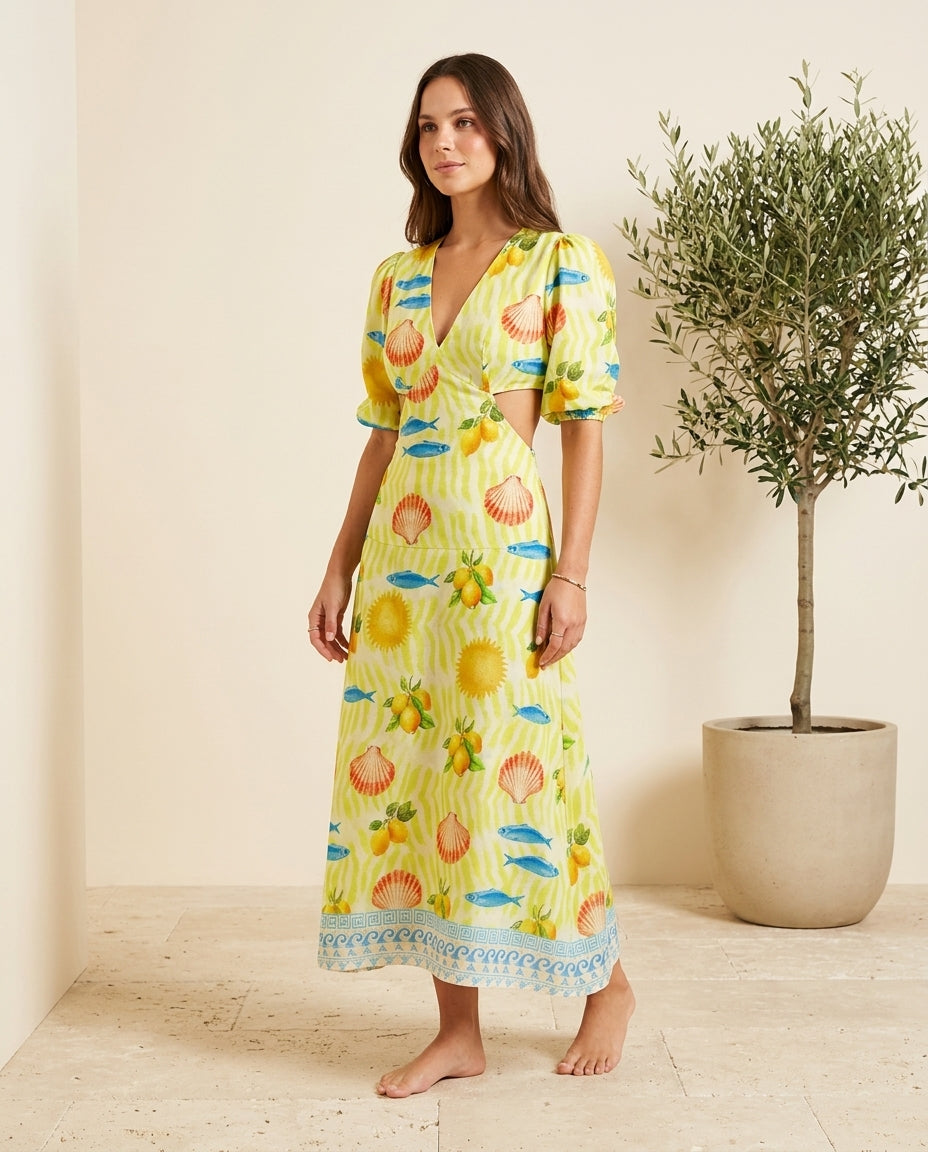 Butter Yellow Velvet Resort Embroidered Maxi Dress Butter Yellow Maxi Dress with Relaxed Fit silhouette and Textured texture, front view product image for Resort Wear, a polished coastal brunch, US East / Hamptons Elite by floravincie