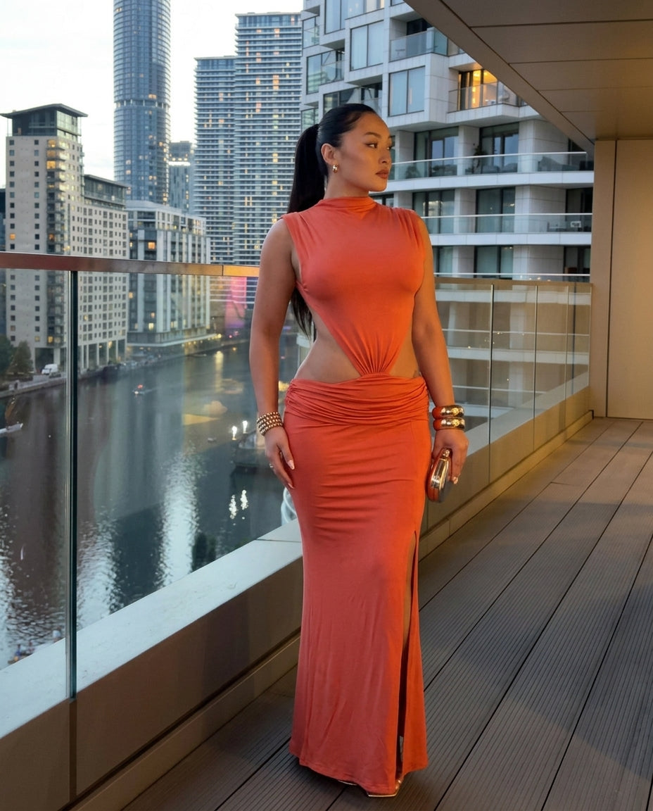 Coral Muse Evening Ruched Maxi Dress Coral Maxi Dress with Relaxed Fit silhouette and Ribbed Knit texture, front view product image for Date Night, Evening in Amalfi, Euro Chic Premium by floravincie