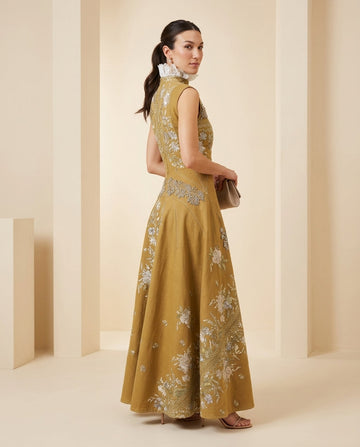 Mustard Yellow Grace Summer Embroidered Maxi Dress Mustard Yellow Maxi Dress with Relaxed Fit silhouette and Textured texture, front view product image for Wedding Guest, an estate dinner at golden hour, US East / Hamptons Elite by floravincie