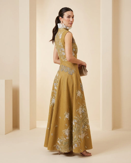 Mustard Yellow Grace Summer Embroidered Maxi Dress Mustard Yellow Maxi Dress with Relaxed Fit silhouette and Textured texture, front view product image for Wedding Guest, an estate dinner at golden hour, US East / Hamptons Elite by floravincie
