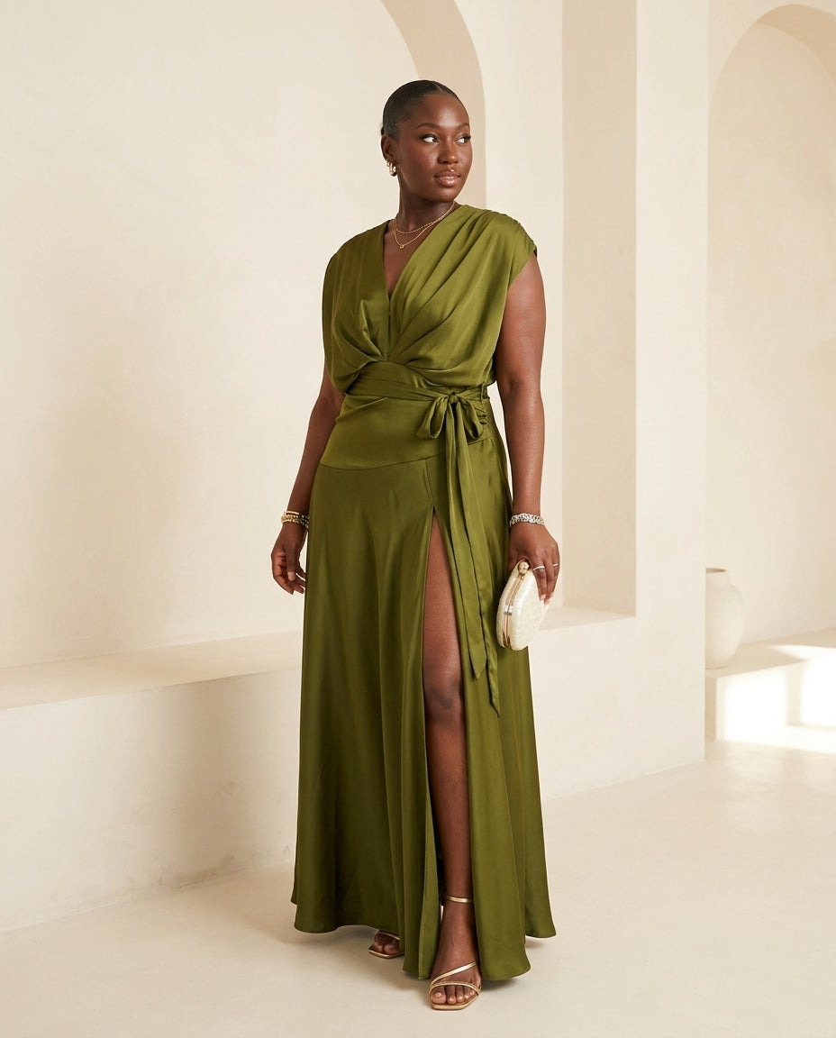 Olive Green Grace Summer Satin Maxi Dress Olive Green Maxi Dress with Asymmetric silhouette and Satin texture, front view product image for Resort Dinner, Brunch in SoHo, US Coastal Glam by floravincie