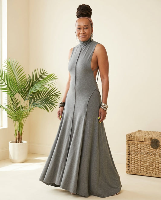 Grey Muse Summer Maxi Dress Grey Maxi Dress with Asymmetric silhouette and Ribbed Knit texture, front view product image for Vacation Evening, a Palm Springs weekend, US Coastal Glam by floravincie