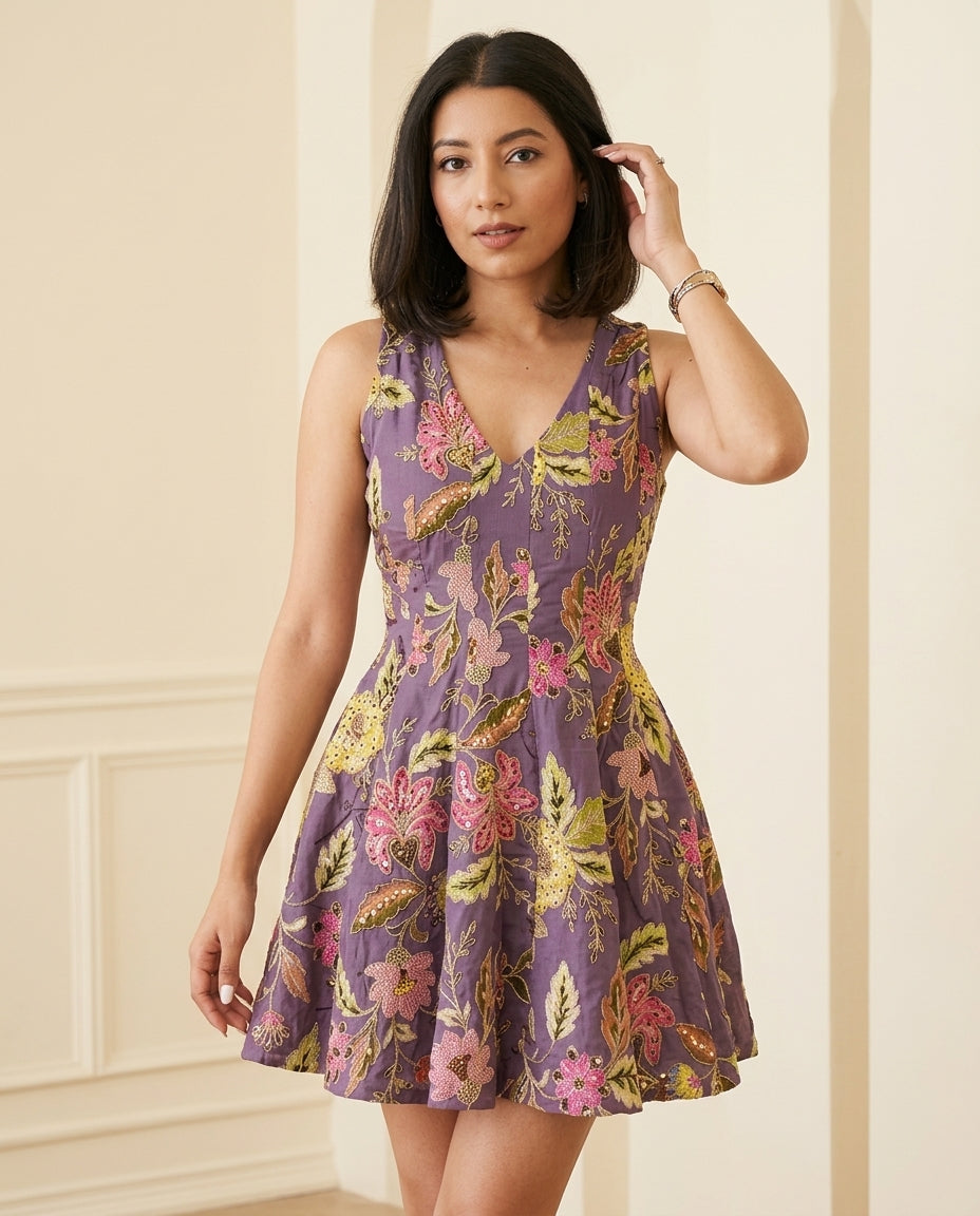 Lilac Reverie Resort Embroidered Romper Lilac Romper with Relaxed Fit silhouette and Textured texture, front view product image for Resort Wear, a rooftop dinner in LA, US Coastal Glam by floravincie
