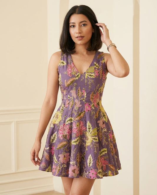 Lilac Reverie Resort Embroidered Romper Lilac Romper with Relaxed Fit silhouette and Textured texture, front view product image for Resort Wear, a rooftop dinner in LA, US Coastal Glam by floravincie