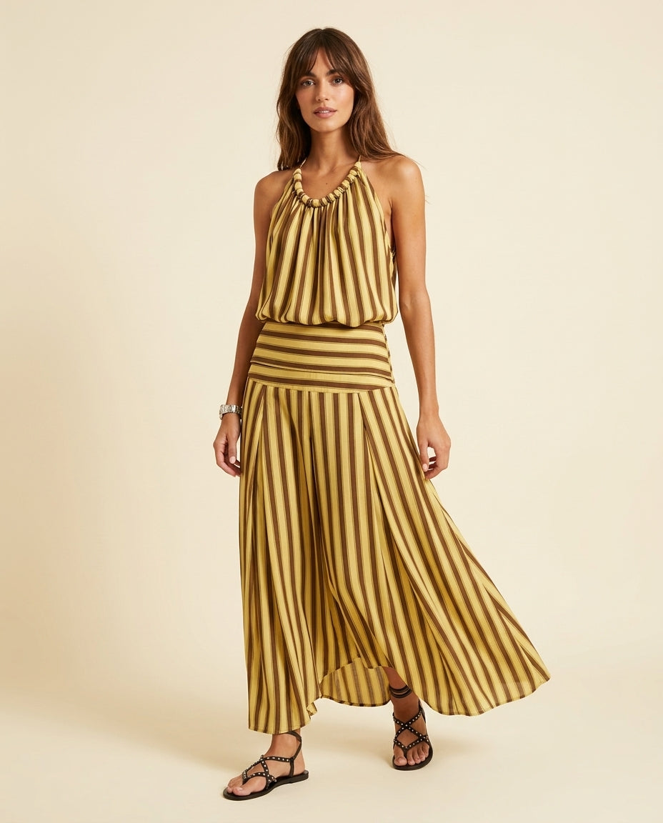 Butter Yellow Charm Resort Striped Romper Butter Yellow Romper with Relaxed Fit silhouette and Textured texture, front view product image for Resort Wear, an estate dinner at golden hour, US East / Hamptons Elite by floravincie