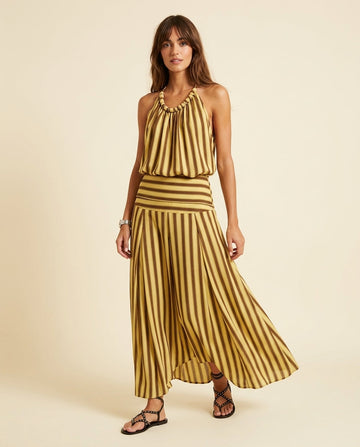 Butter Yellow Charm Resort Striped Romper Butter Yellow Romper with Relaxed Fit silhouette and Textured texture, front view product image for Resort Wear, an estate dinner at golden hour, US East / Hamptons Elite by floravincie