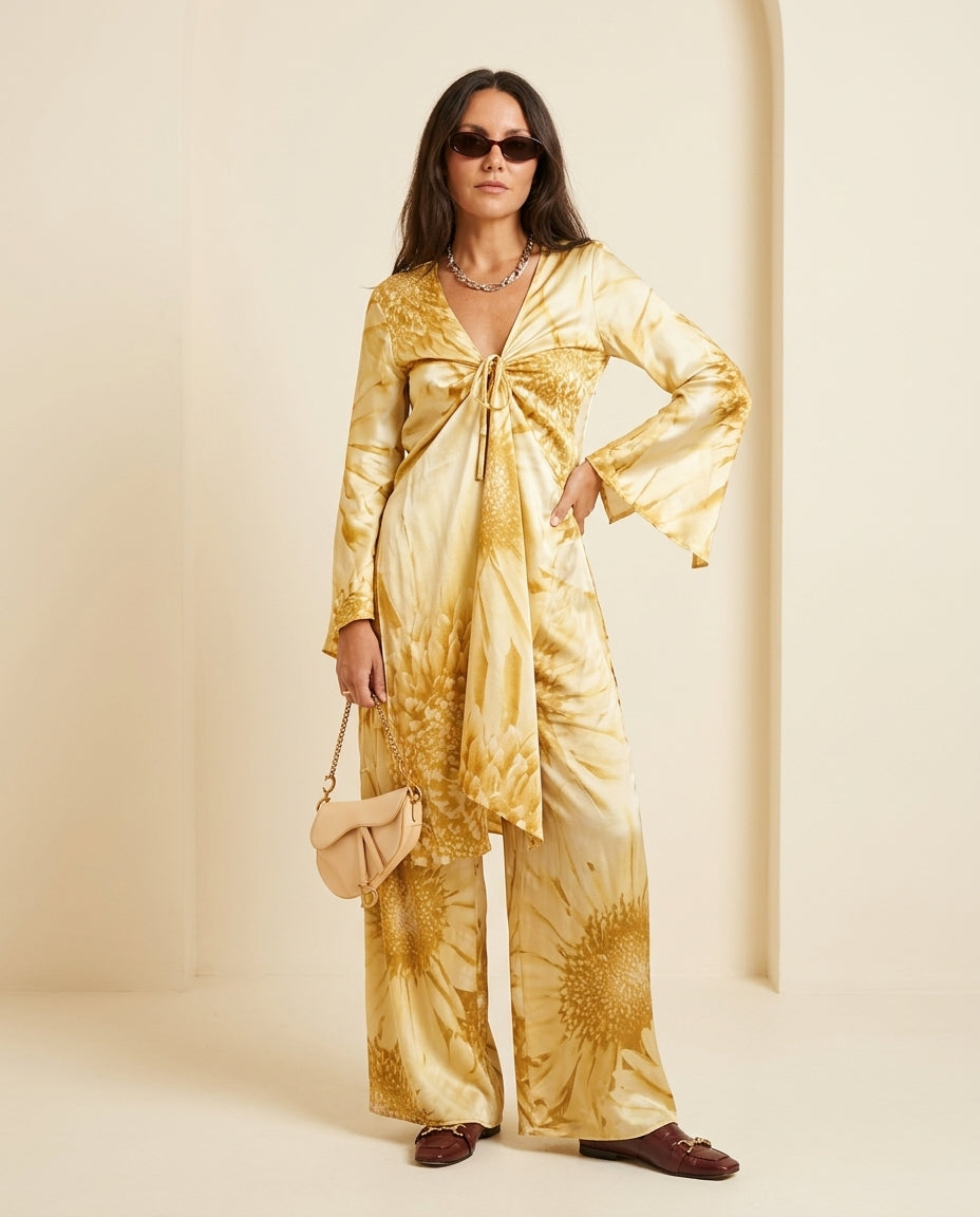 Light Yellow Charm Resort Floral Pant Set Light Yellow Pant Set with Wide-Leg silhouette and Satin texture, front view product image for Resort Wear, Evening in Amalfi, Euro Chic Premium by floravincie