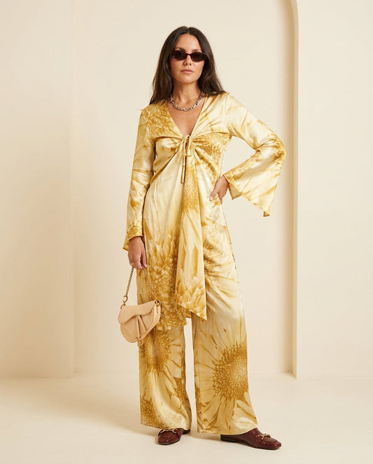 Light Yellow Charm Resort Floral Pant Set Light Yellow Pant Set with Wide-Leg silhouette and Satin texture, front view product image for Resort Wear, Evening in Amalfi, Euro Chic Premium by floravincie