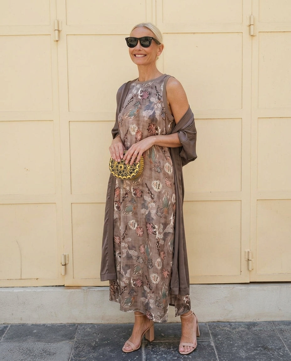 Brown Whisper Summer Embroidered Maxi Dress Brown Maxi Dress with Asymmetric silhouette and Textured texture, front view product image for Resort Dinner, Weekend in The Hamptons, US East / Hamptons Elite by floravincie