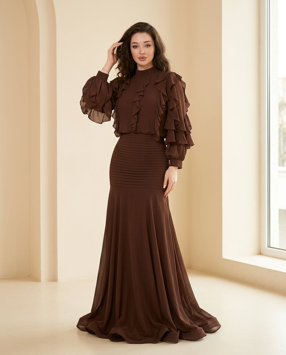 Brown Whisper Evening Ruched Maxi Dress Brown Maxi Dress with Asymmetric silhouette and Textured texture, front view product image for Date Night, a London dinner reservation, Euro Chic Premium by floravincie