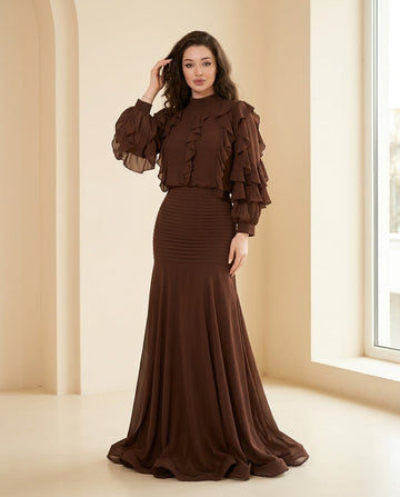 Brown Whisper Evening Ruched Maxi Dress Brown Maxi Dress with Asymmetric silhouette and Textured texture, front view product image for Date Night, a London dinner reservation, Euro Chic Premium by floravincie