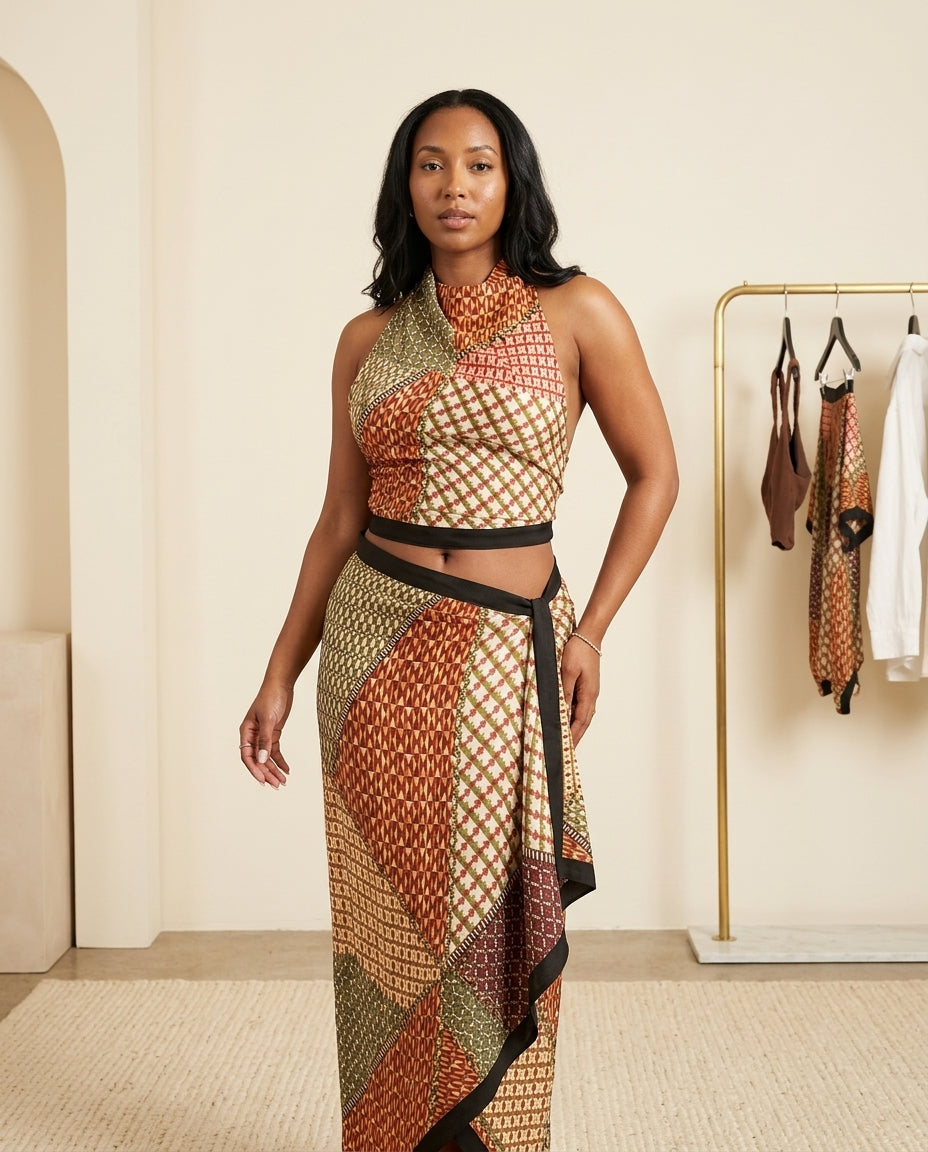 Multi-Color Grace Resort Abstract Print Skirt Set Multi-Color Skirt Set with Asymmetric silhouette and Satin texture, front view product image for Resort Wear, Brunch in SoHo, US Coastal Glam by floravincie