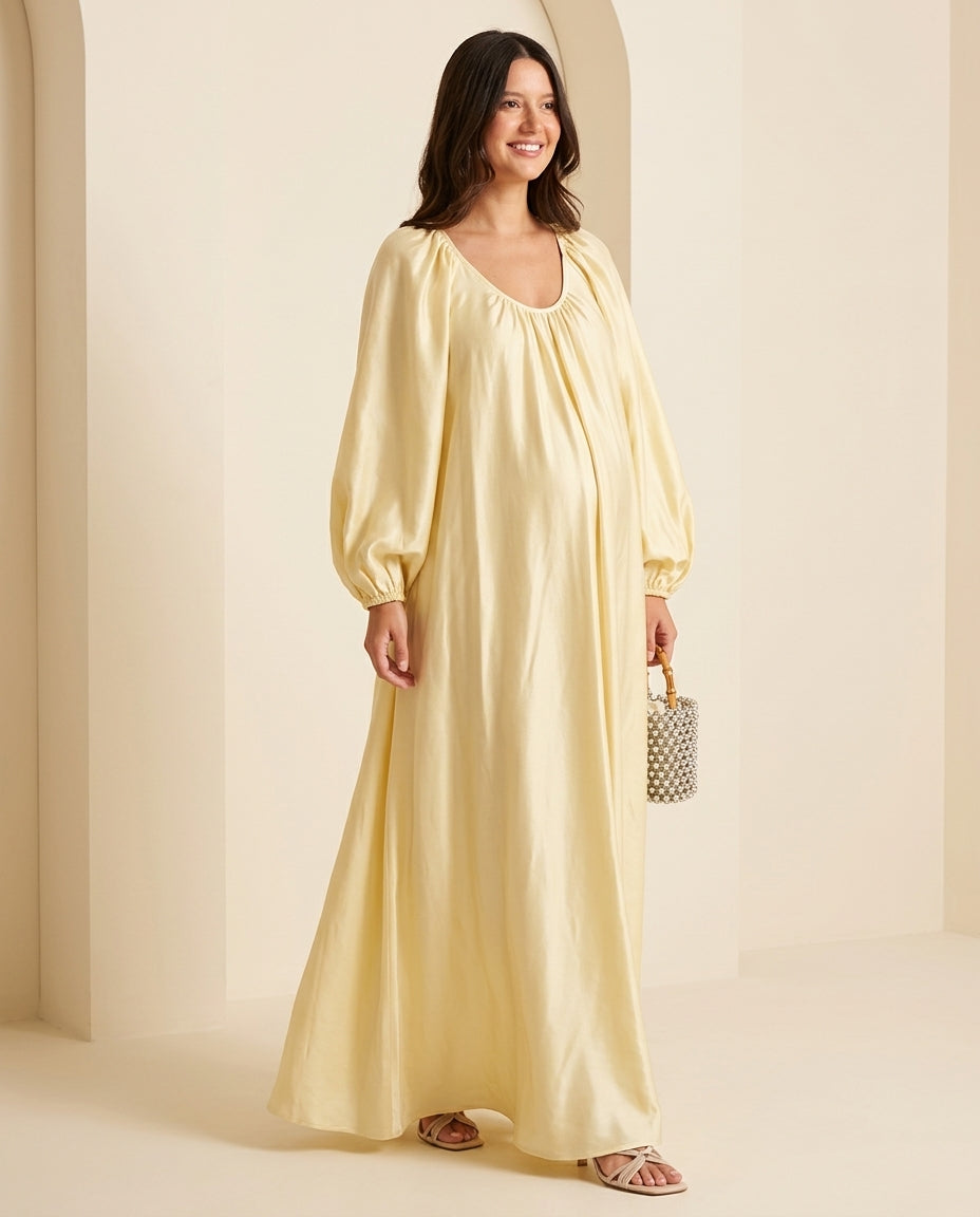 Pale Yellow Glow Resort Satin Maxi Dress Pale Yellow Maxi Dress with Relaxed Fit silhouette and Satin texture, front view product image for Resort Wear, an estate dinner at golden hour, US East / Hamptons Elite by floravincie
