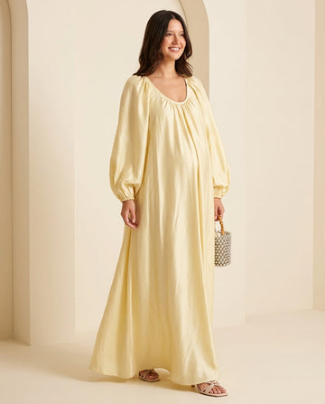 Pale Yellow Glow Resort Satin Maxi Dress Pale Yellow Maxi Dress with Relaxed Fit silhouette and Satin texture, front view product image for Resort Wear, an estate dinner at golden hour, US East / Hamptons Elite by floravincie