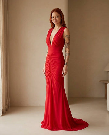 Red Aura Evening Ruched Maxi Dress Red Maxi Dress with Relaxed Fit silhouette and Ribbed Knit texture, front view product image for Date Night, a polished coastal brunch, US East / Hamptons Elite by floravincie
