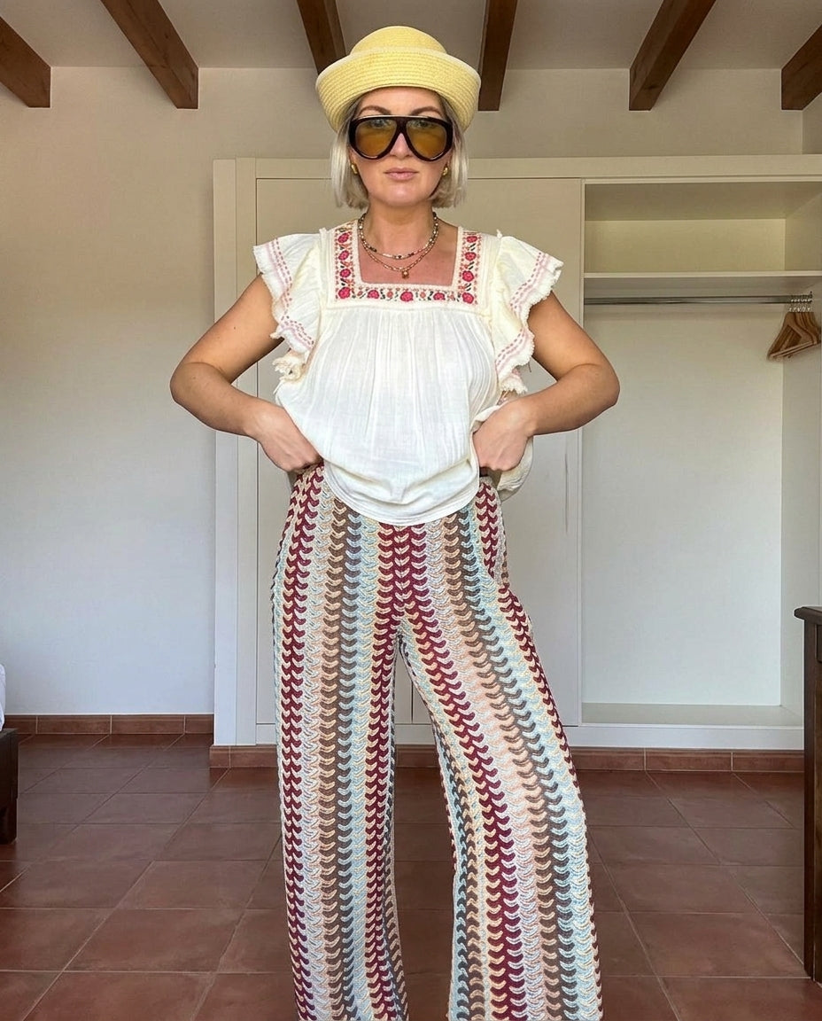 Ivory Bloom Summer Embroidered Two-Piece Set Ivory Two-Piece Set with Asymmetric silhouette and Textured texture, front view product image for Weekend Escape, Brunch in SoHo, US Coastal Glam by floravincie