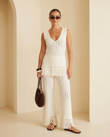 Ivory Bloom Resort Printed Romper Ivory Romper with Wide-Leg silhouette and Ribbed Knit texture, front view product image for Resort Wear, Coffee in Marais, Euro Chic Premium by floravincie