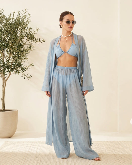 Light Blue Muse Resort Pleated Jacket Light Blue Jacket with Relaxed Fit silhouette and Textured texture, front view product image for Resort Wear, a private garden lunch, US East / Hamptons Elite by floravincie