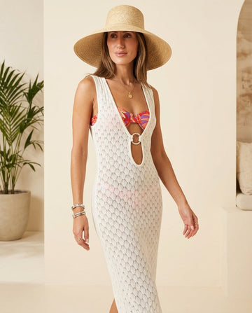 Ivory Muse Resort V-Neck Maxi Dress Ivory Maxi Dress with Asymmetric silhouette and Ribbed Knit texture, front view product image for Resort Wear, a London dinner reservation, Euro Chic Premium by floravincie