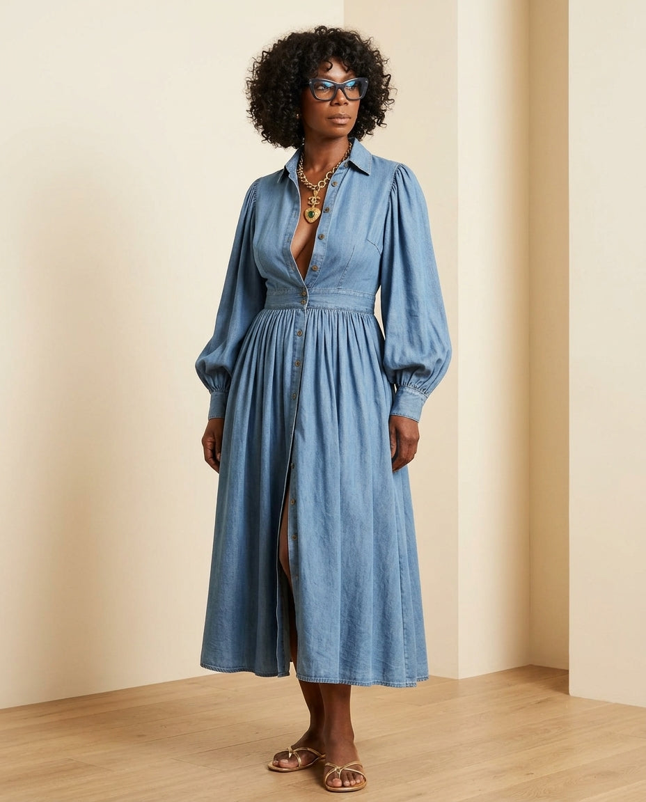 Denim Velvet Summer Maxi Dress Denim Maxi Dress with Relaxed Fit silhouette and Textured texture, front view product image for Rooftop Brunch, Sunset in Malibu, US Coastal Glam by floravincie