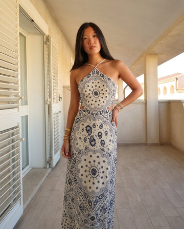 Ivory Aura Resort Printed Maxi Dress Ivory Maxi Dress with Asymmetric silhouette and Textured texture, front view product image for Resort Wear, a Palm Springs weekend, US Coastal Glam by floravincie