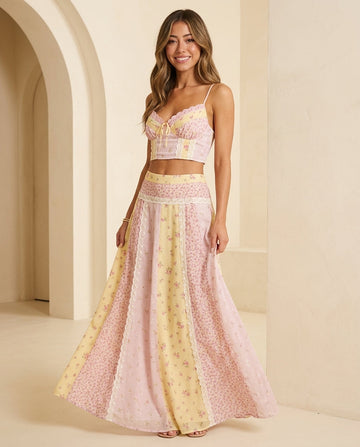 Pink Aura Resort Lace Skirt Set Pink Skirt Set with Asymmetric silhouette and Textured texture, front view product image for Resort Wear, Brunch in SoHo, US Coastal Glam by floravincie