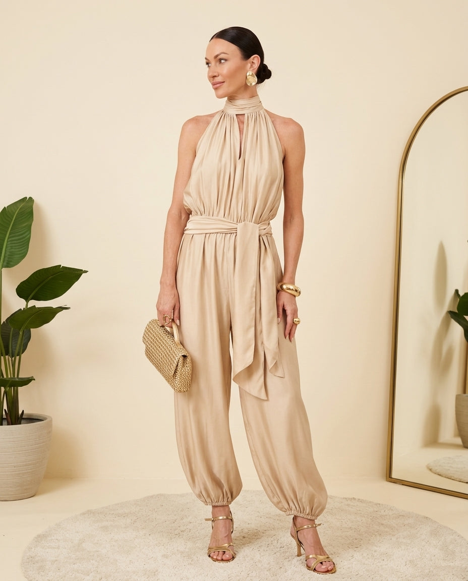 Sand Charm Summer Halter Romper Sand Romper with Relaxed Fit silhouette and Textured texture, front view product image for City Evening, a London dinner reservation, Euro Chic Premium by floravincie