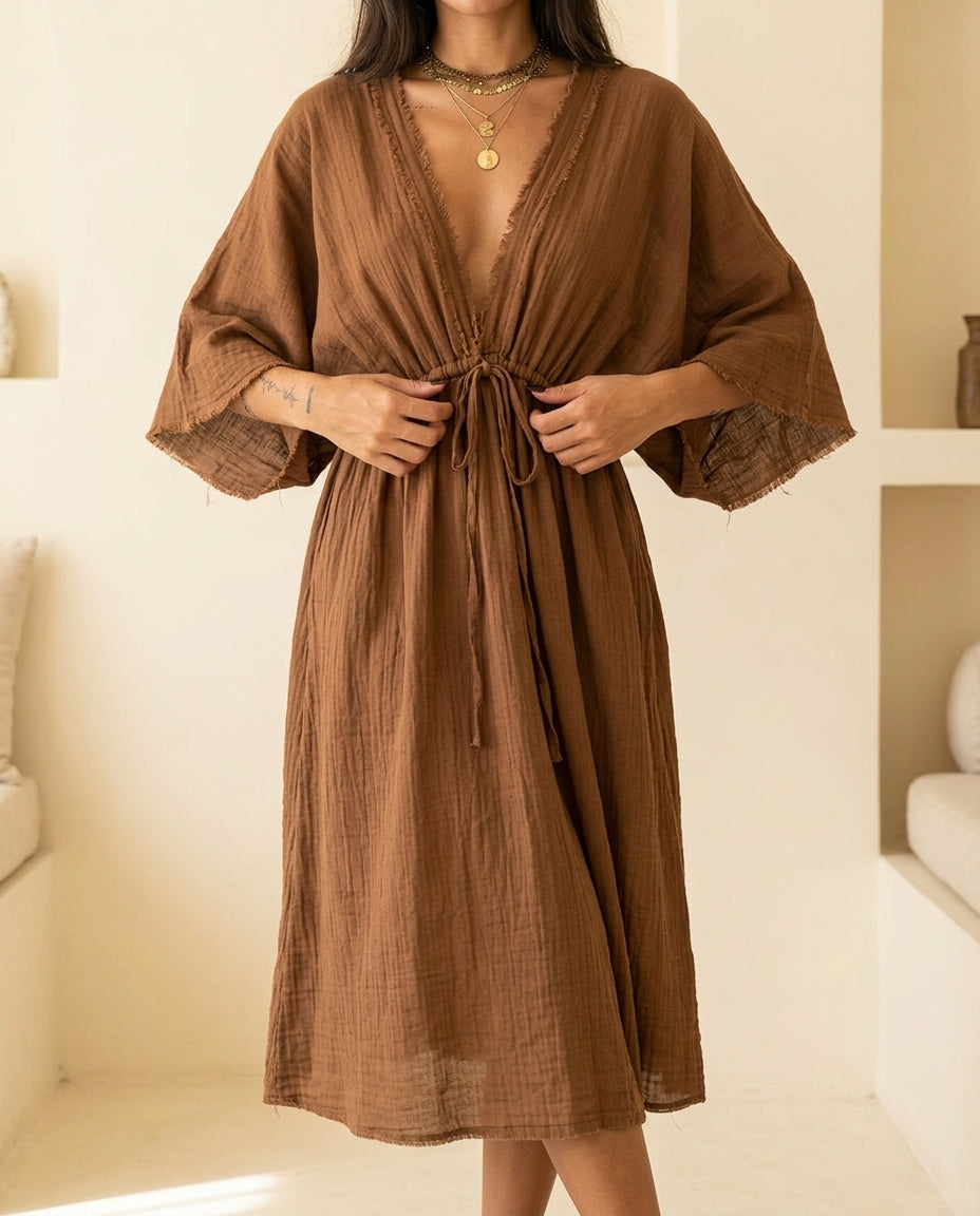 Brown Bloom Summer Fringe Maxi Dress Brown Maxi Dress with Asymmetric silhouette and Textured texture, front view product image for Resort Dinner, a polished coastal brunch, US East / Hamptons Elite by floravincie