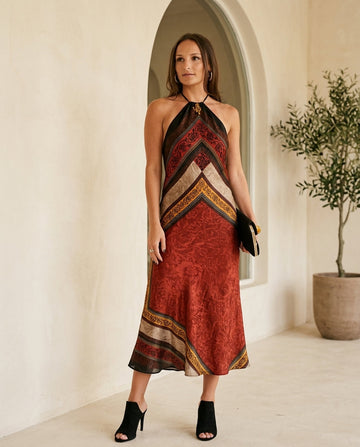 Rust Glow Resort Printed Maxi Dress Rust Maxi Dress with Relaxed Fit silhouette and Satin texture, front view product image for Resort Wear, Evening in Amalfi, Euro Chic Premium by floravincie