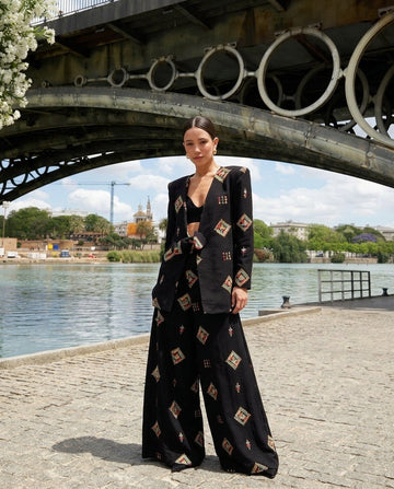 Black Bloom Summer Embroidered Jacket Black Jacket with Wide-Leg silhouette and Textured texture, front view product image for Office Edit, Weekend in The Hamptons, US East / Hamptons Elite by floravincie