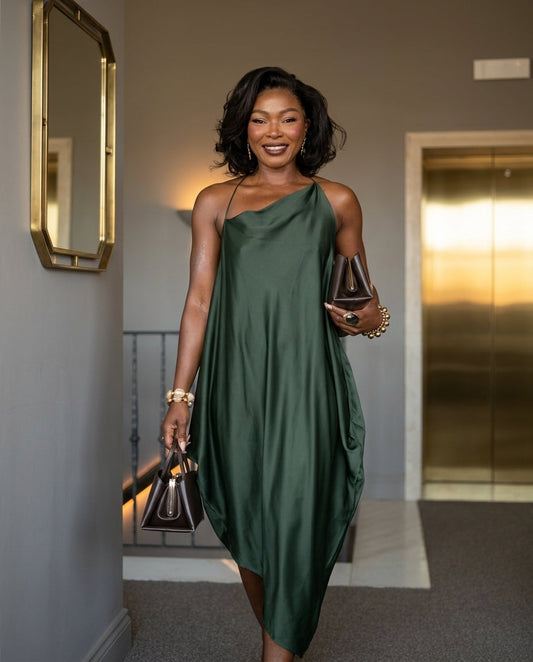 Dark Green Velvet Resort Satin Maxi Dress Dark Green Maxi Dress with Asymmetric silhouette and Satin texture, front view product image for Resort Wear, a gallery opening in Paris, Euro Chic Premium by floravincie