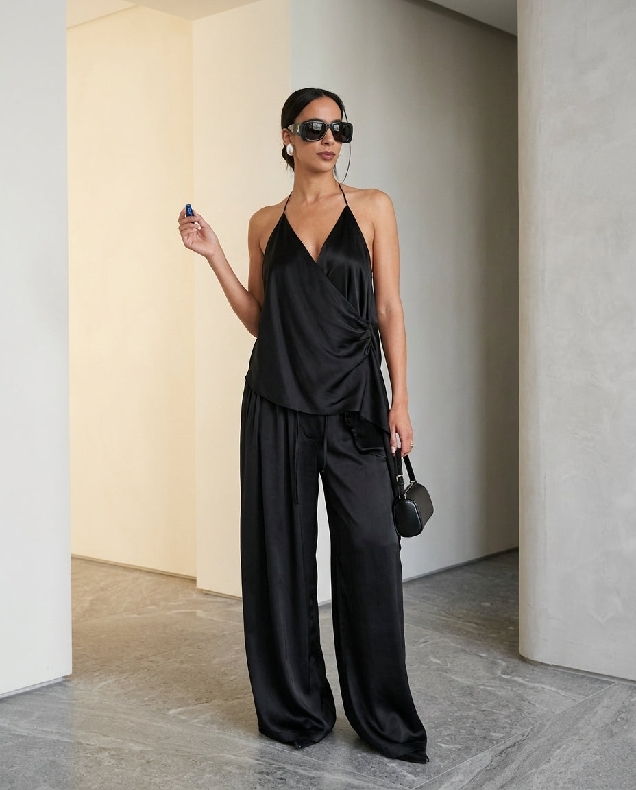 Black Velvet Evening Satin Pant Set Black Pant Set with Asymmetric silhouette and Satin texture, front view product image for Resort Wear, Brunch in SoHo, US Coastal Glam by floravincie