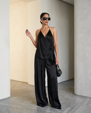 Black Velvet Evening Satin Pant Set Black Pant Set with Asymmetric silhouette and Satin texture, front view product image for Resort Wear, Brunch in SoHo, US Coastal Glam by floravincie