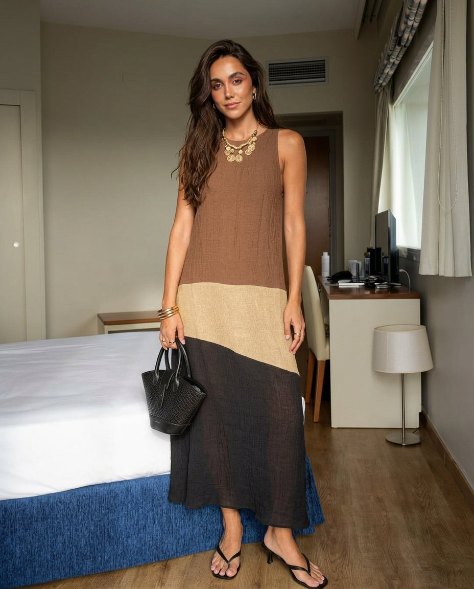 Brown Charm Resort Textured Maxi Dress Brown Maxi Dress with Asymmetric silhouette and Textured texture, front view product image for Resort Wear, an estate dinner at golden hour, US East / Hamptons Elite by floravincie