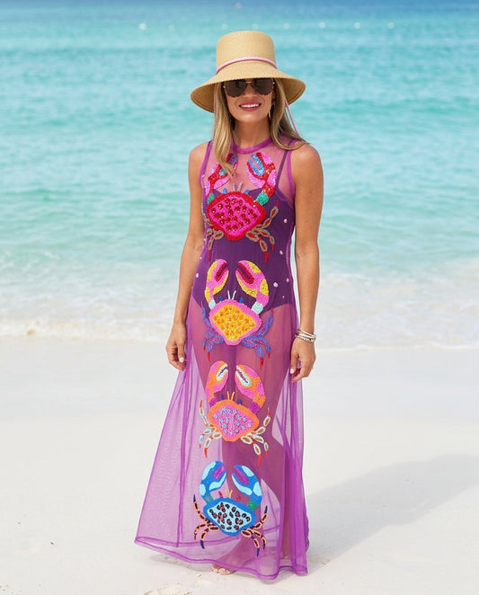 Lilac Poise Resort Embroidered Maxi Dress Lilac Maxi Dress with Asymmetric silhouette and Textured texture, front view product image for Resort Wear, Sunset in Malibu, US Coastal Glam by floravincie