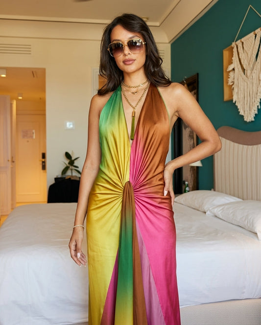 Pink Velvet Summer Halter Maxi Dress Pink Maxi Dress with Relaxed Fit silhouette and Textured texture, front view product image for Resort Dinner, Sunset in Malibu, US Coastal Glam by floravincie