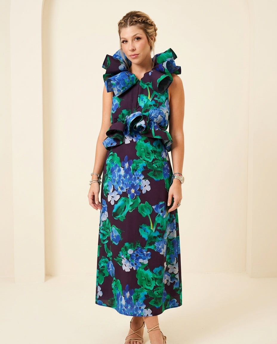 Navy Velvet Floral Maxi Dress Navy Maxi Dress with Asymmetric silhouette and Textured texture, front view product image for Rooftop Brunch, a rooftop dinner in LA, US Coastal Glam by floravincie