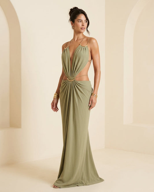 Olive Muse Evening Maxi Dress Olive Maxi Dress with Asymmetric silhouette and Textured texture, front view product image for Date Night, a private garden lunch, US East / Hamptons Elite by floravincie