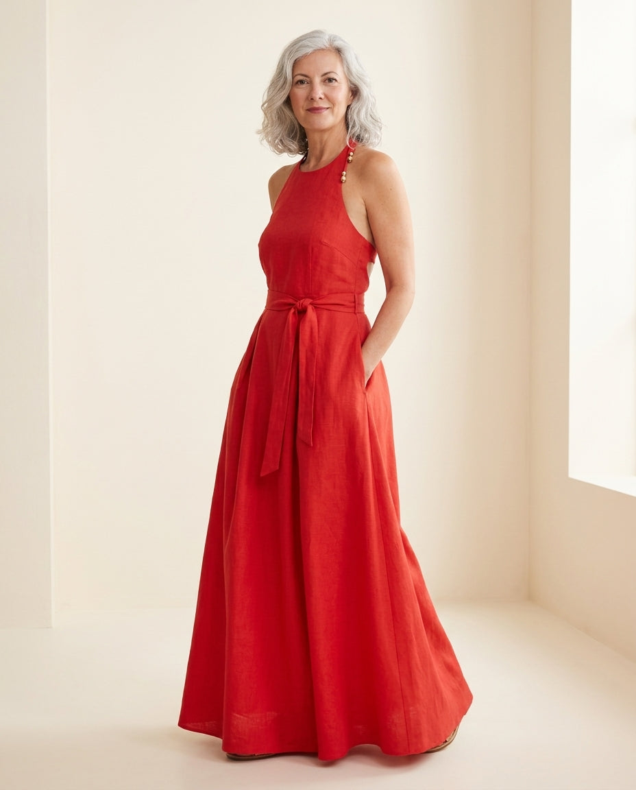 Red Velvet Resort Linen Maxi Dress Red Maxi Dress with Relaxed Fit silhouette and Linen Blend texture, front view product image for Resort Wear, Sunset in Malibu, US Coastal Glam by floravincie