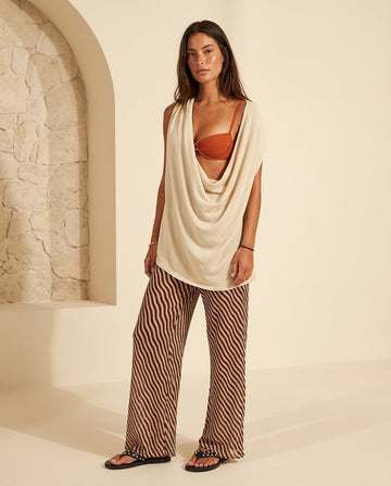 Ivory Lustre Resort Top Ivory Top with Asymmetric silhouette and Ribbed Knit texture, front view product image for Resort Wear, a London dinner reservation, Euro Chic Premium by floravincie