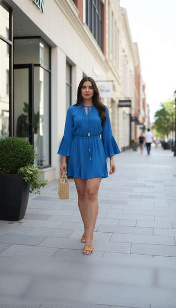 Blue V-Neck Pleated Button Details Mini Dress product image 1