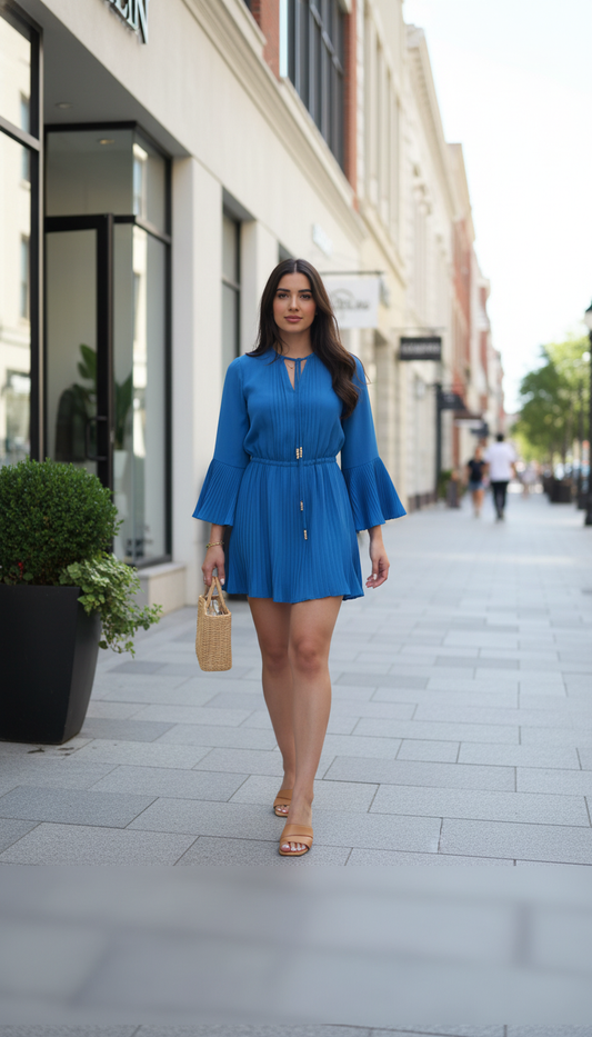 Blue V-Neck Pleated Button Details Mini Dress product image 1