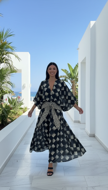 Black Geometric Print V-Neck Belted Kaftan Dress product image 1