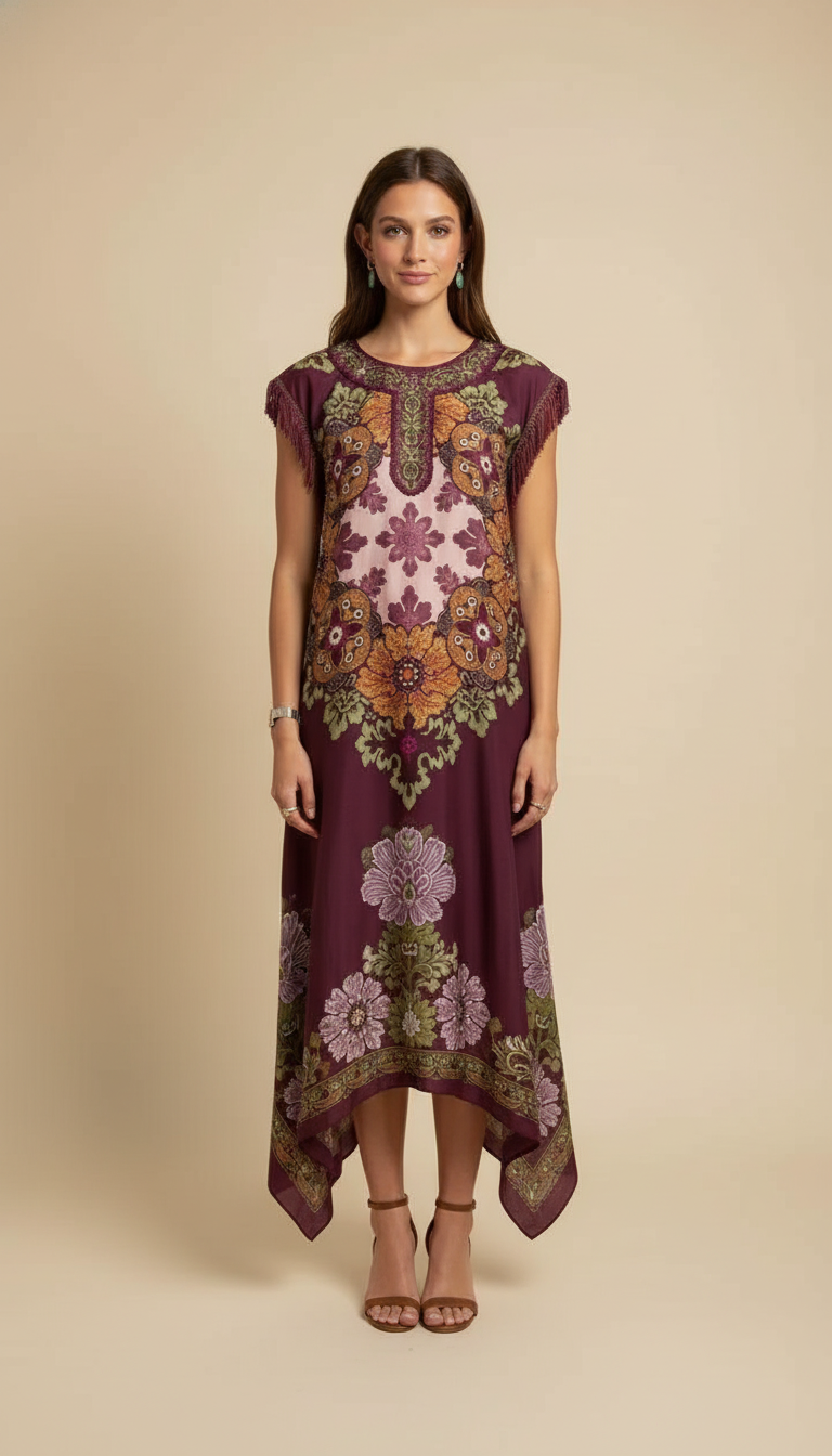 Burgundy Floral Embroidered Fringe Kaftan Dress product image 1