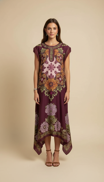 Burgundy Floral Embroidered Fringe Kaftan Dress product image 1