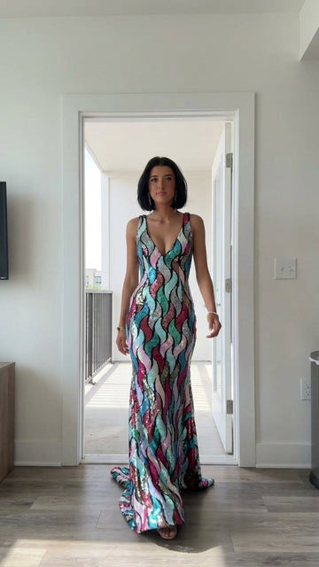 Abstract Print Backless V-Neck Satin Maxi Dress product image 1