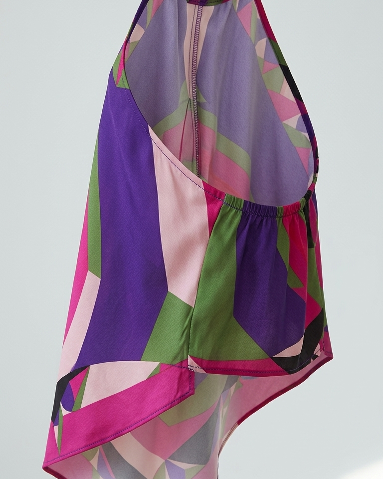 Geometric Print Halter Asymmetrical Hem Color Blocking Halter Top product image 1