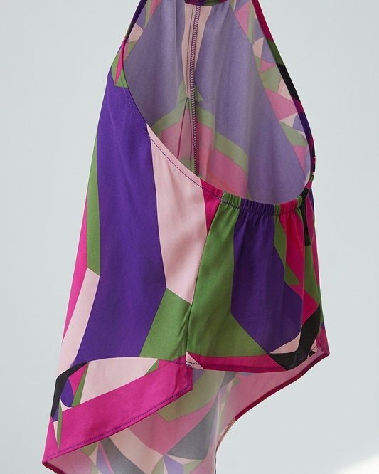 Geometric Print Halter Asymmetrical Hem Color Blocking Halter Top product image 1